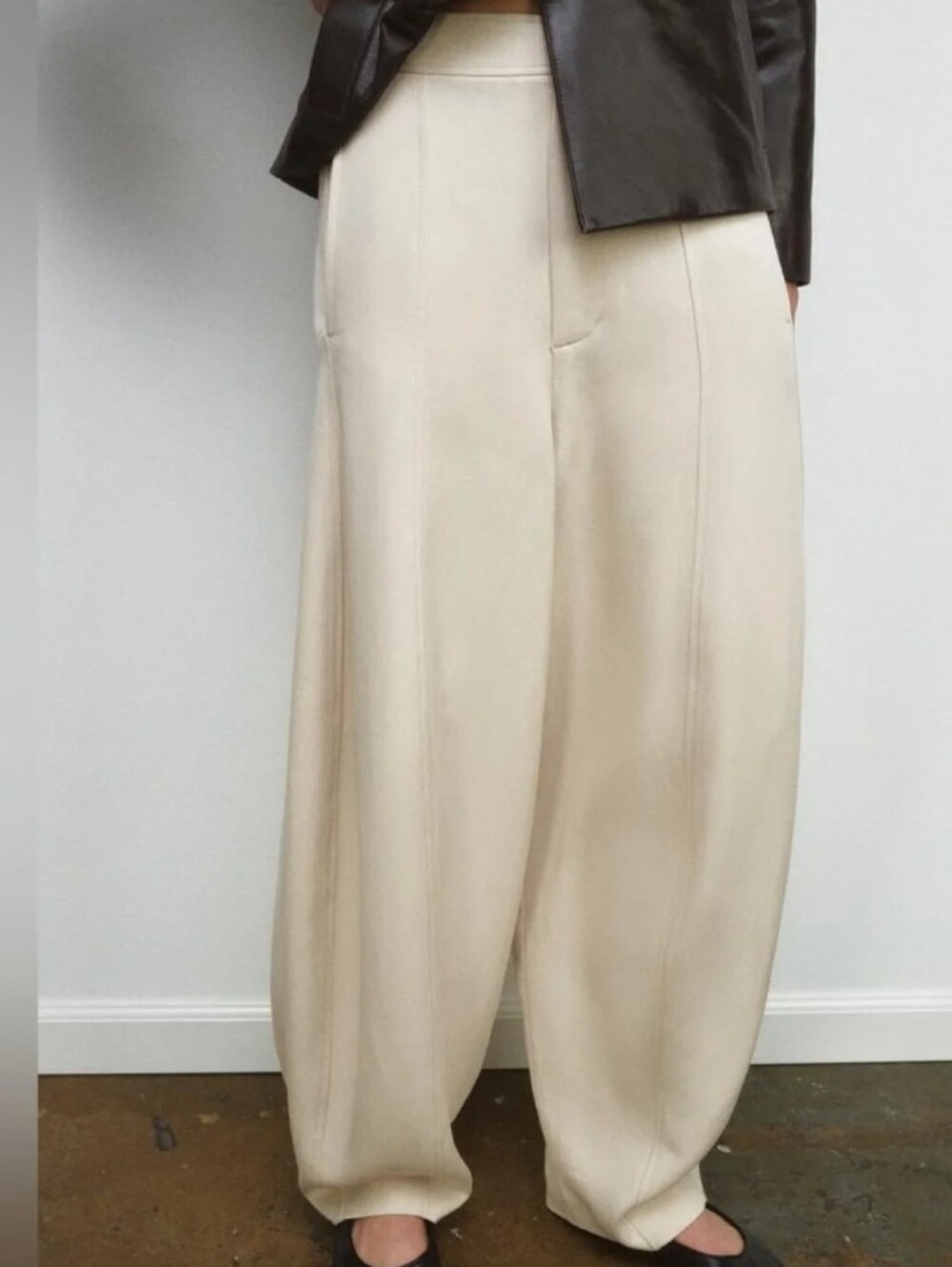 Zara Zw Collection Cream Balloon Flowy Wide-Leg High Waist Dress Pants Sz-M